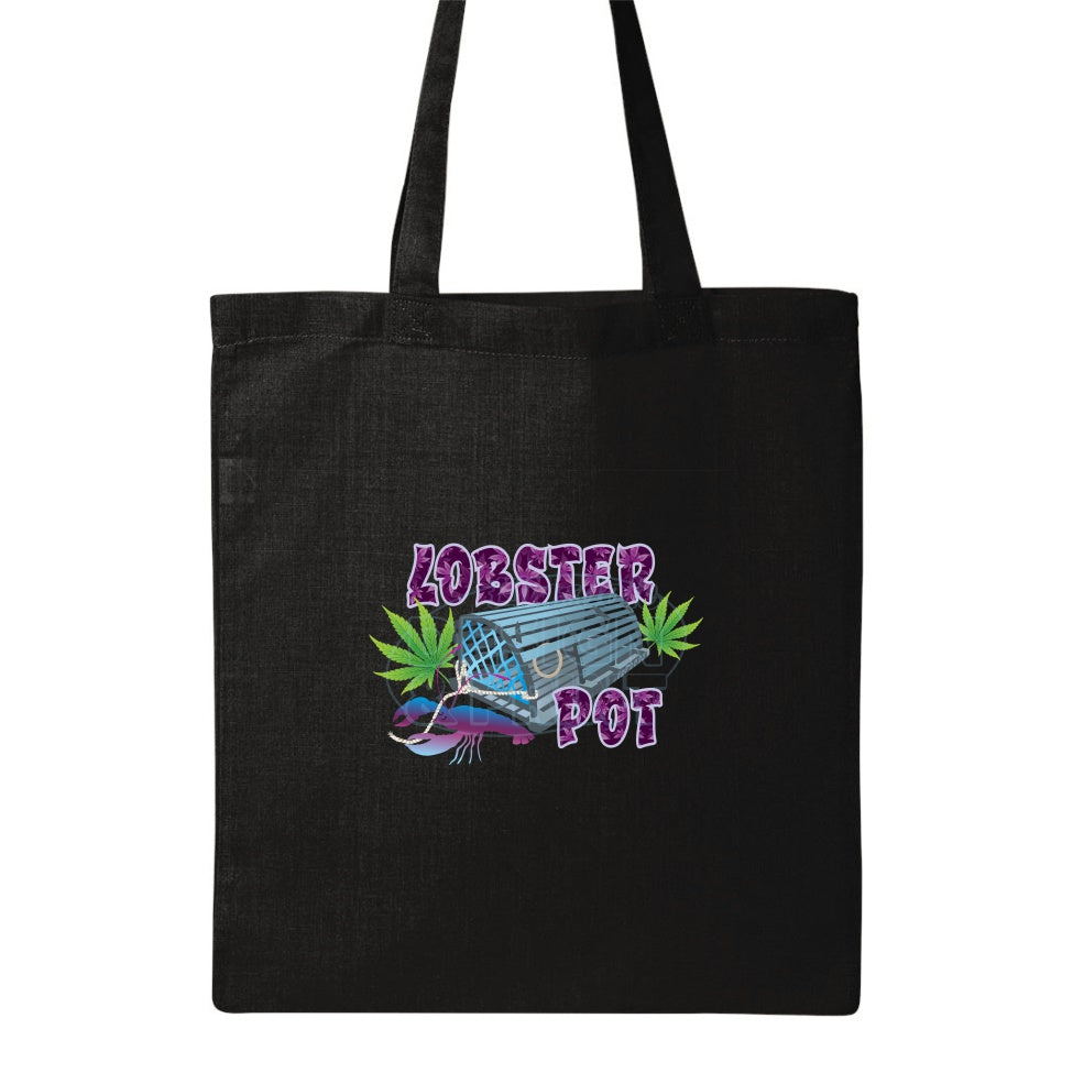 15x16" solid black canvas tote bag with Colorful blue gray Lobster Pot, bright green weed leaves & purple blue lobster design