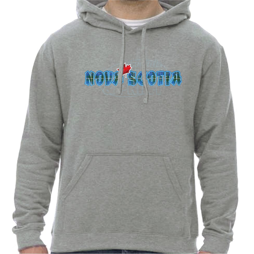 Super soft 12.5oz grey hoodie with Nova Scotia written in Blue Tartan with a bright red Maple Leaf & bright blue outlines