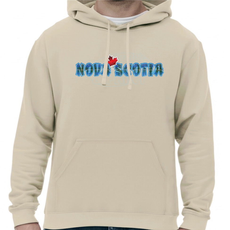 Super soft 12.5oz sand hoodie with Nova Scotia written in Blue Tartan with a bright red Maple Leaf & bright blue outlines