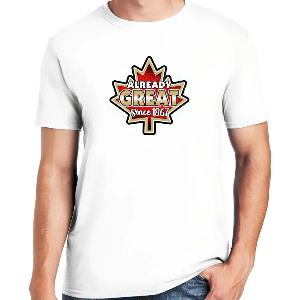 Soft ringspun cotton white t-shirt with A bright red vintage Maple Leaf with gold & black edges & Already Great since 1867
