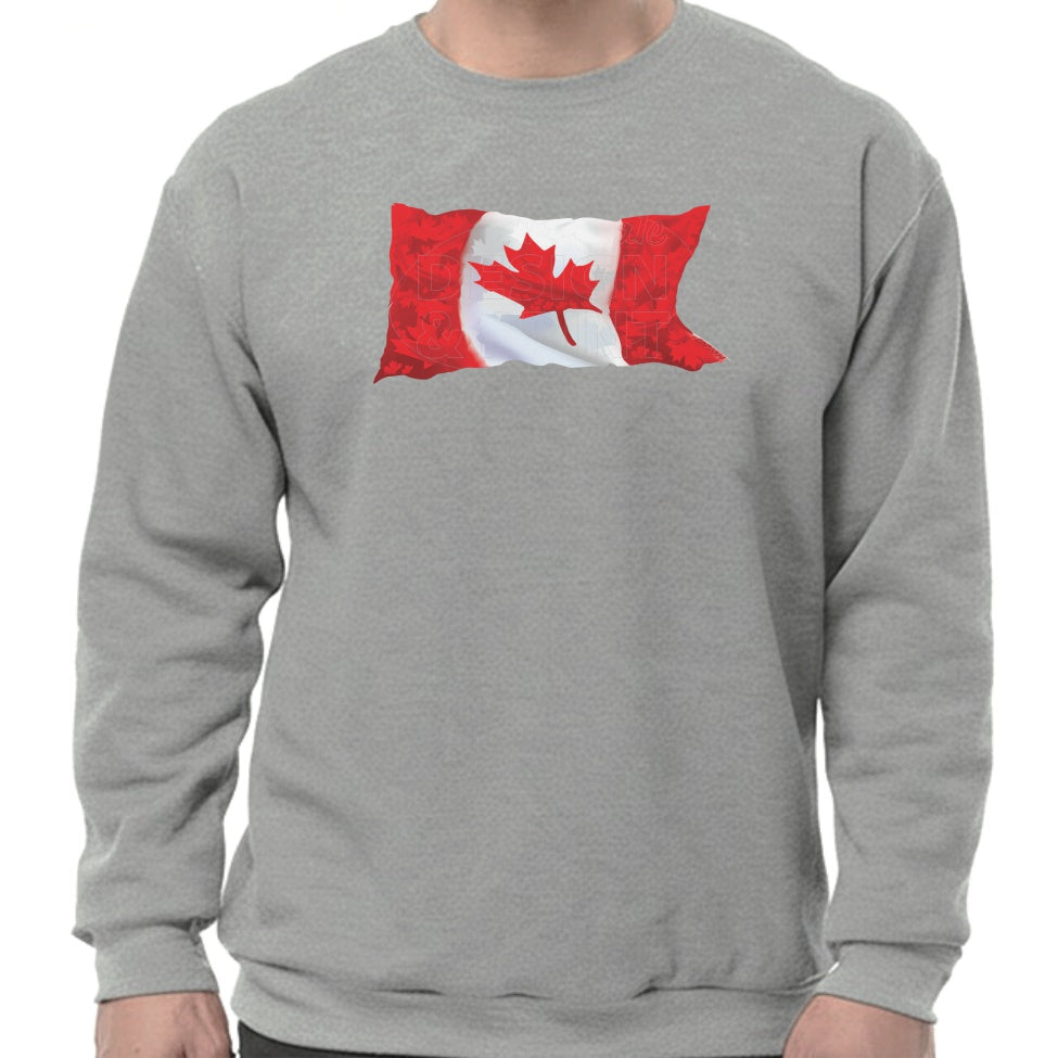 Super soft 12.5oz grey sweatshirt with A waving Canadian Flag made up of small red, white & light gray maple leaf designs