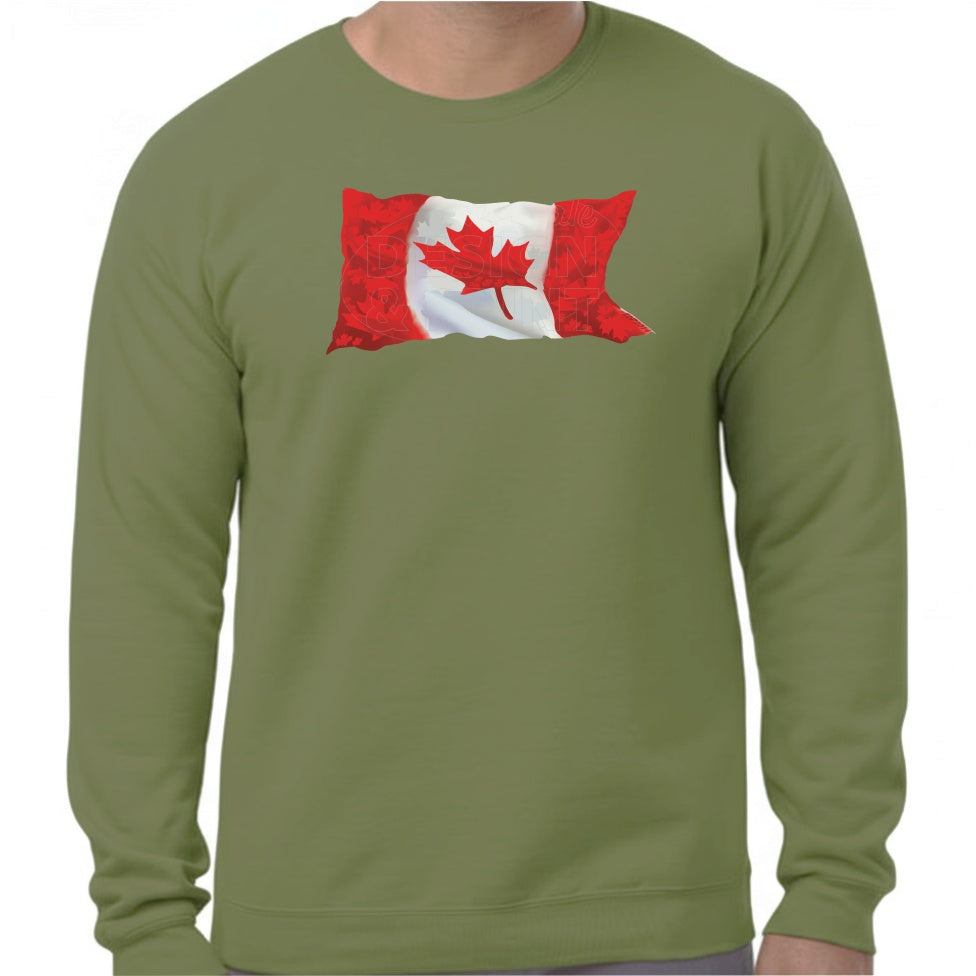 Super soft 12.5oz green sweatshirt with A waving Canadian Flag made up of small red, white & light gray maple leaf designs