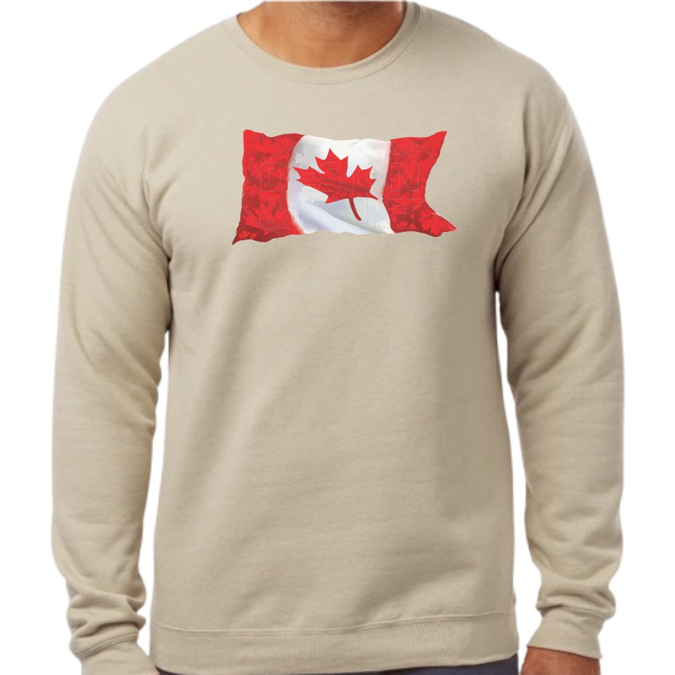 Super soft 12.5oz sand sweatshirt with A waving Canadian Flag made up of small red, white & light gray maple leaf designs