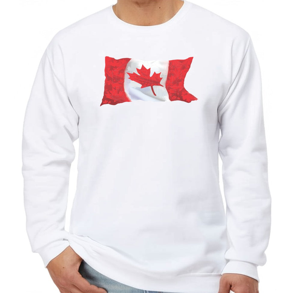 Super soft 12.5oz white sweatshirt with A waving Canadian Flag made up of small red, white & light gray maple leaf designs
