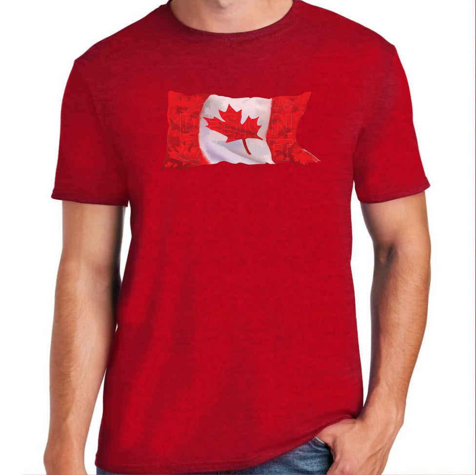 Soft ringspun cotton red t-shirt with A waving Canadian Flag made up of small red, white & light gray maple leaf designs