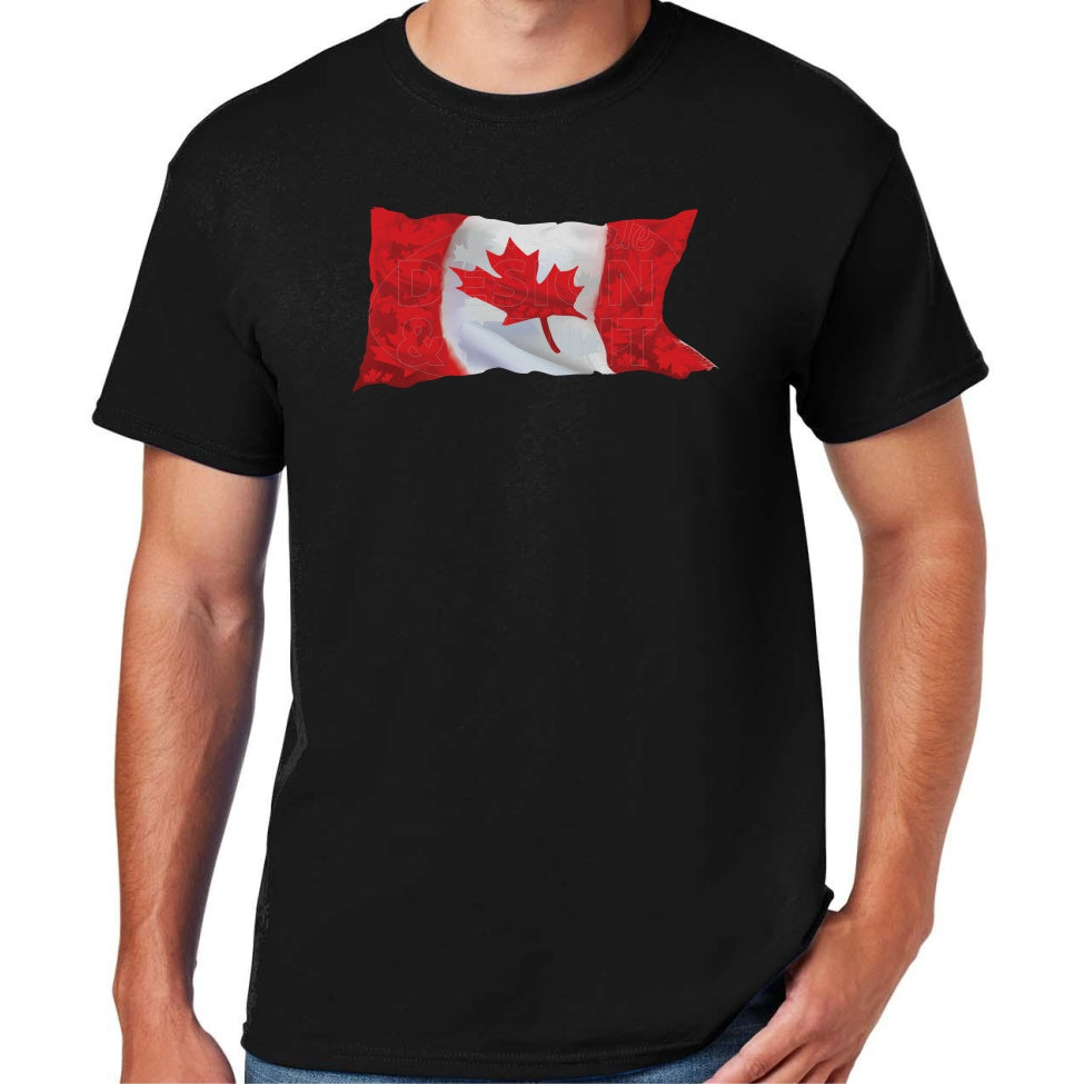 Soft ringspun cotton black t-shirt with A waving Canadian Flag made up of small red, white & light gray maple leaf designs