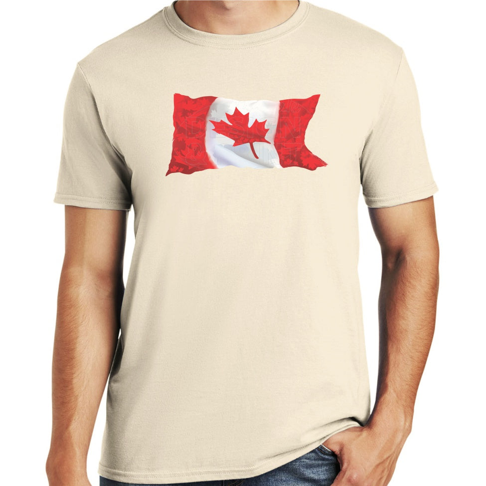 Soft ringspun cotton sand t-shirt with A waving Canadian Flag made up of small red, white & light gray maple leaf designs