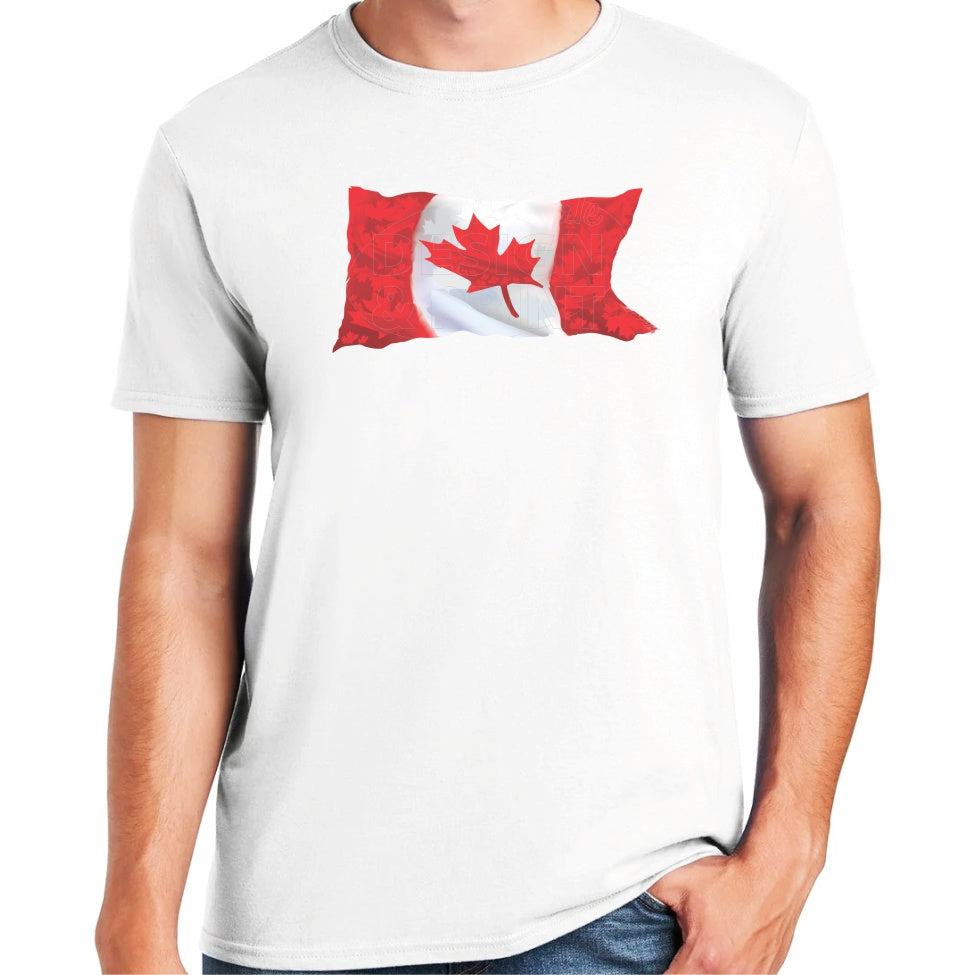 Soft ringspun cotton white t-shirt with A waving Canadian Flag made up of small red, white & light gray maple leaf designs