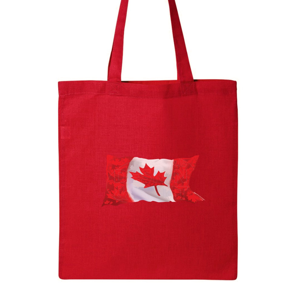 15x16" solid red canvas tote bag with A waving Canadian Flag made up of small red, white & light gray maple leaf designs