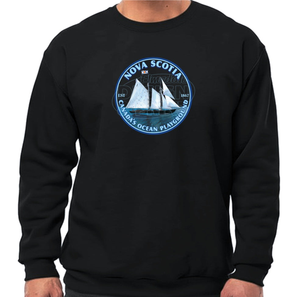 Super soft 12.5oz black sweatshirt with Sailing schooner with Nova Scotia & Canada’s Ocean Playground in a circular design