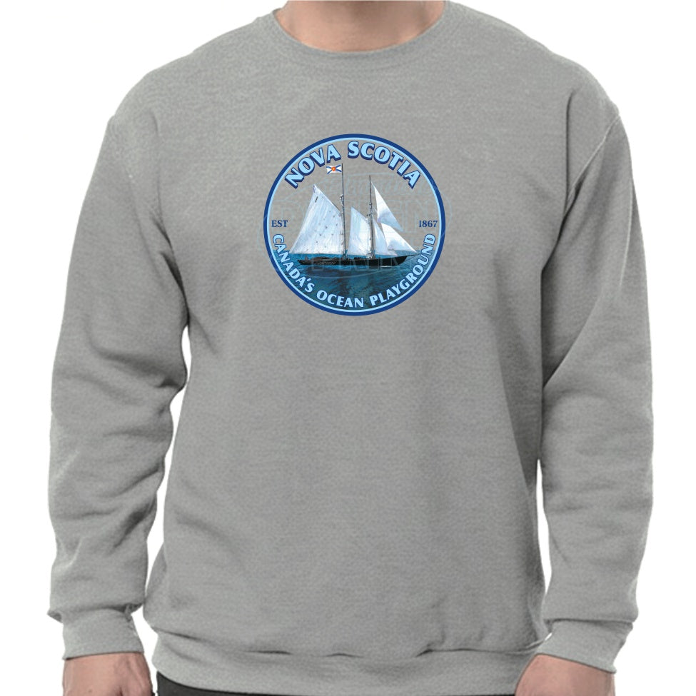 Super soft 12.5oz grey sweatshirt with Sailing schooner with Nova Scotia & Canada’s Ocean Playground in a circular design