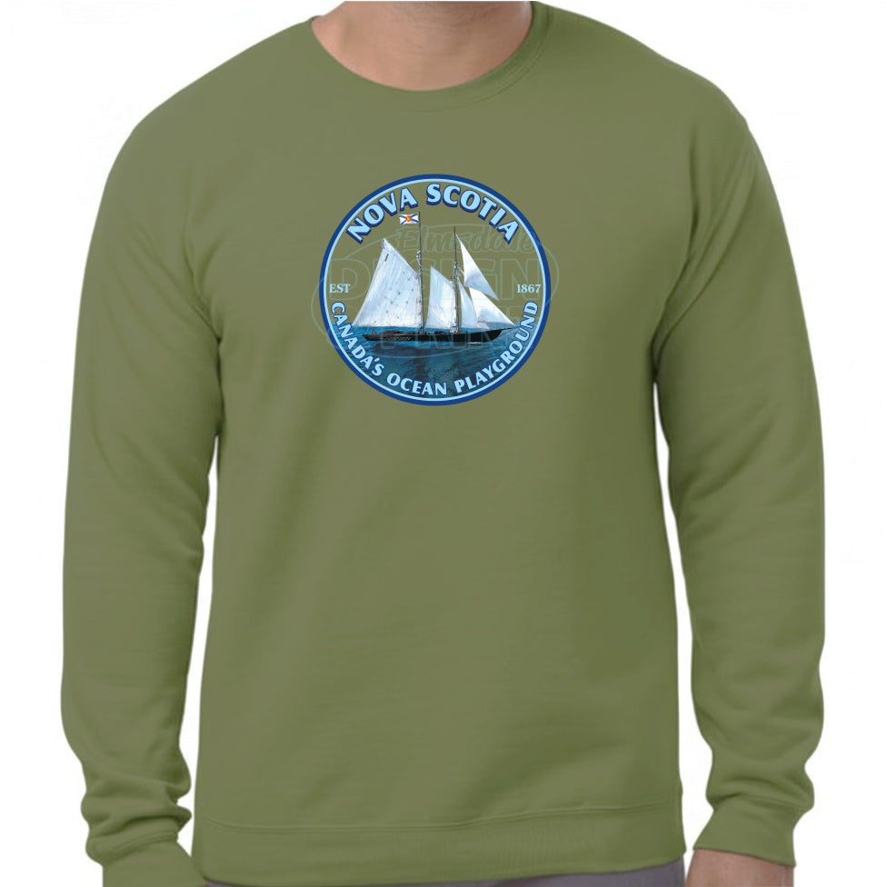 Super soft 12.5oz green sweatshirt with Sailing schooner with Nova Scotia & Canada’s Ocean Playground in a circular design