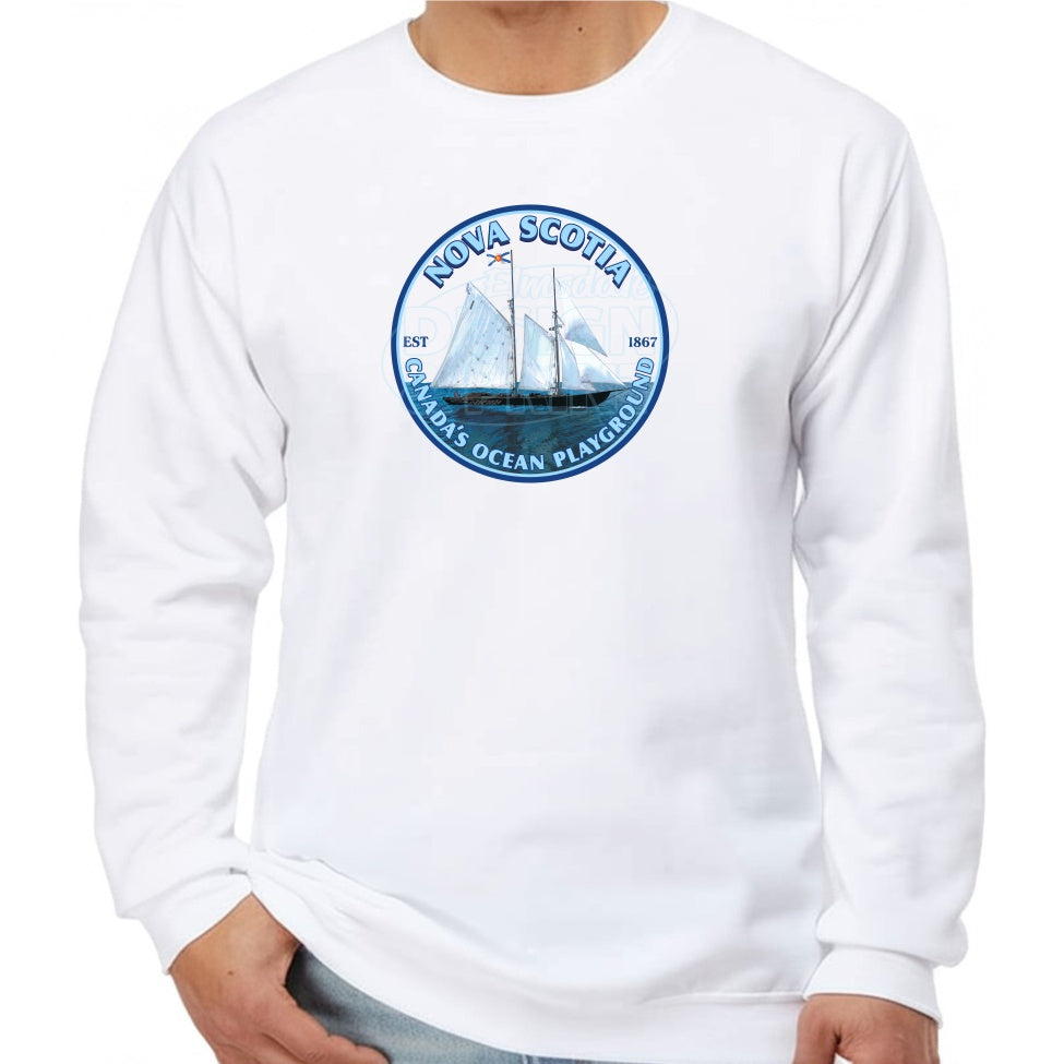 Super soft 12.5oz white sweatshirt with Sailing schooner with Nova Scotia & Canada’s Ocean Playground in a circular design