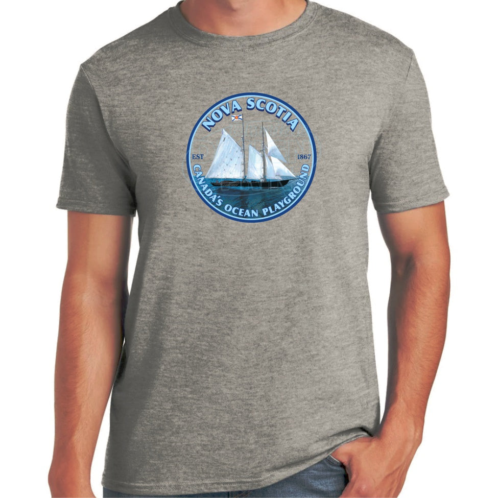 Soft ringspun cotton grey t-shirt with Sailing schooner with Nova Scotia & Canada’s Ocean Playground in a circular design