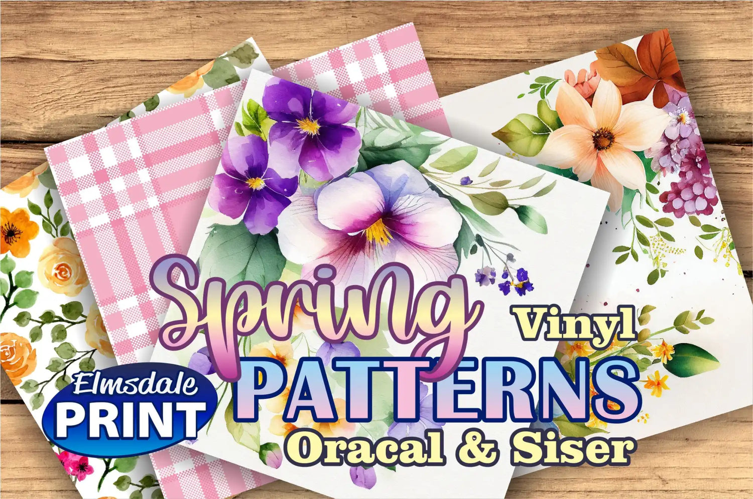 A collection of patterned vinyl sheets featuring floral and plaid designs.