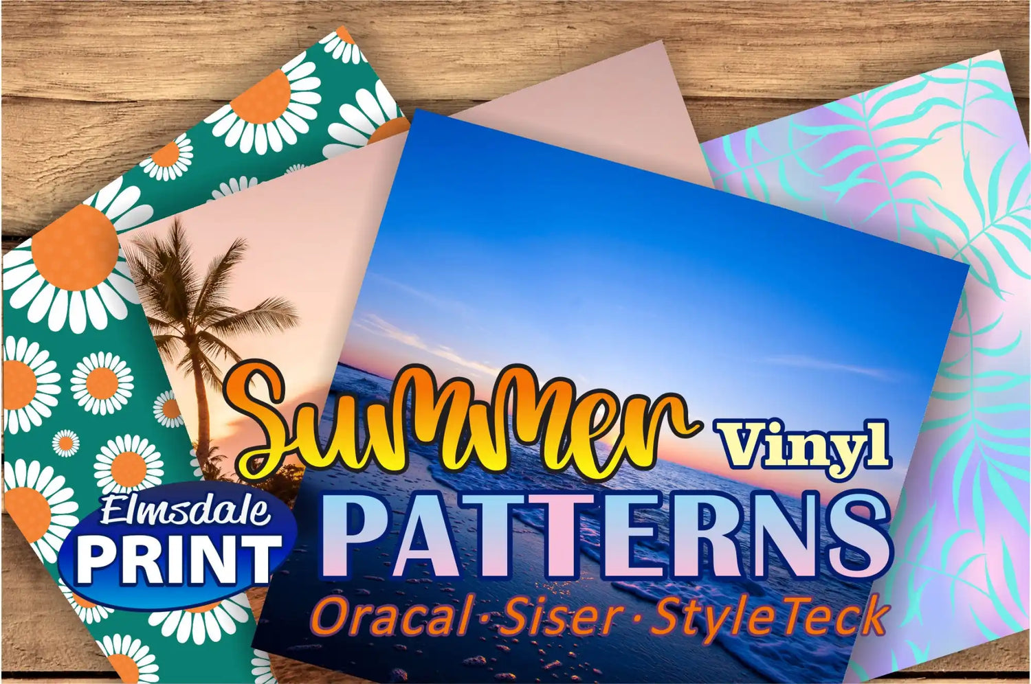 A collection of patterned vinyl sheets for summer-themed crafting.
