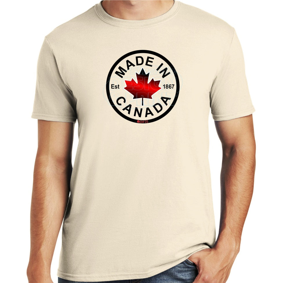 Soft ringspun cotton sand t-shirt with Circular design with Made in Canada & a centered bright red maple leaf & Est.1867