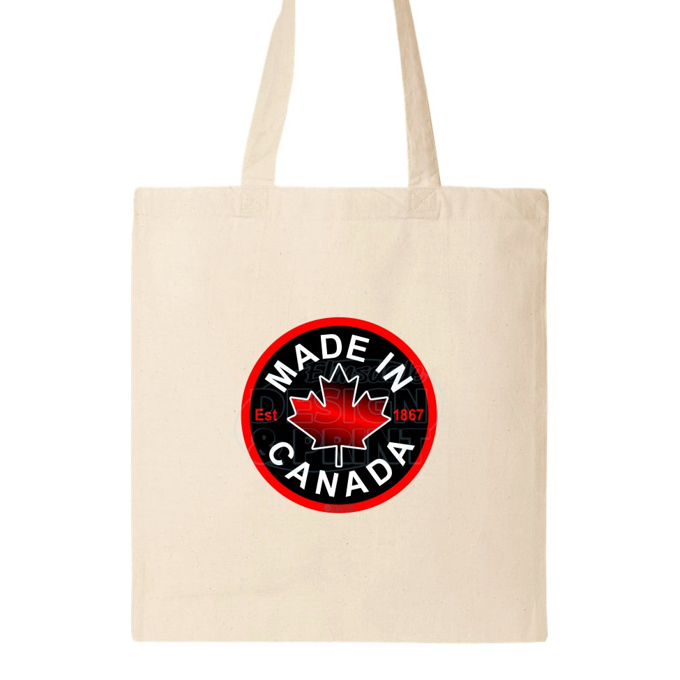 15x16" natural canvas tote bag with Circular design with Made in Canada & a centered bright red maple leaf & Est.1867