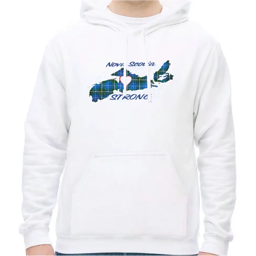 Super soft 12.5oz white hoodie with The province of Nova Scotia in Blue Tartan with Nova Scotia Strong in white & navy