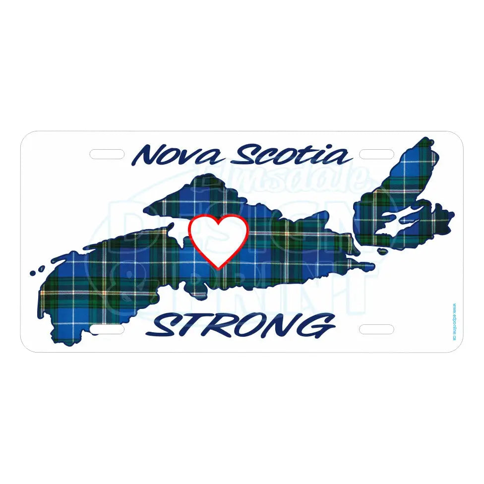6x12" Aluminum License Plate white with The province of Nova Scotia in Blue Tartan with Nova Scotia Strong in white & navy