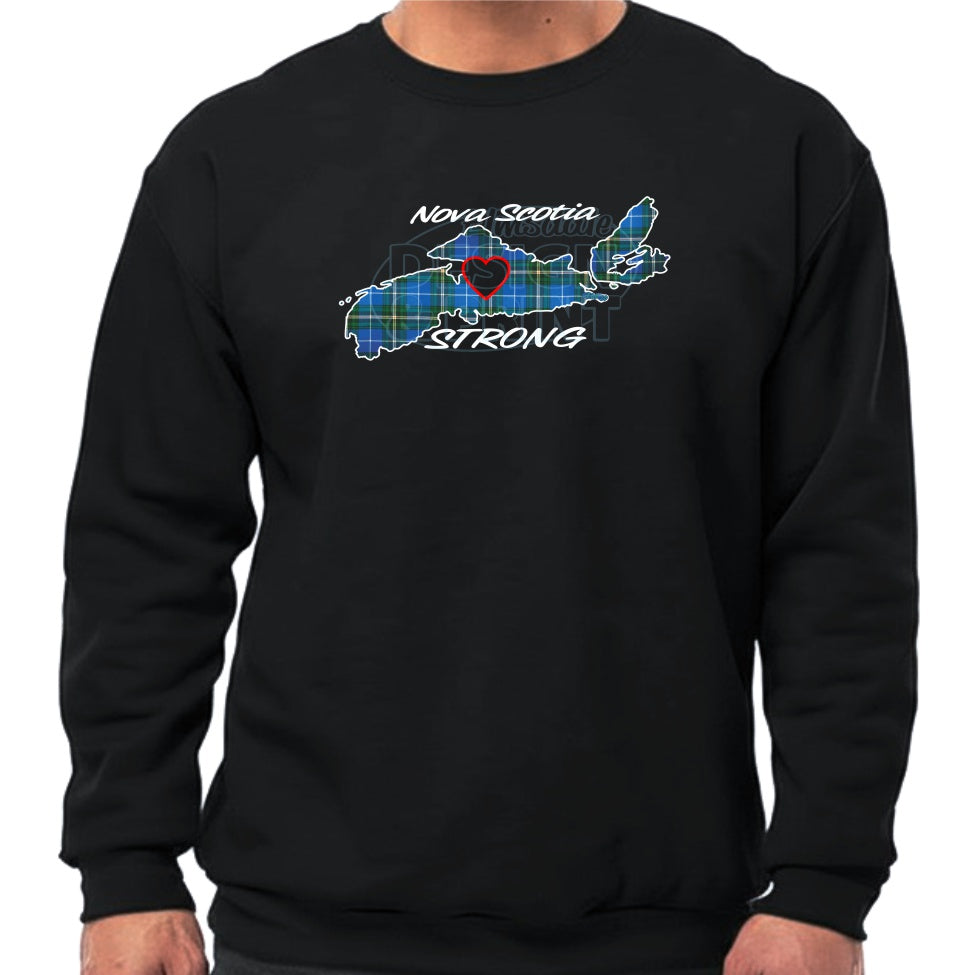 Super soft 12.5oz black sweatshirt with The province of Nova Scotia in Blue Tartan with Nova Scotia Strong in white & navy
