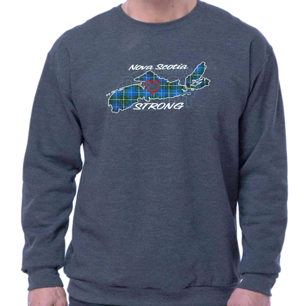 Super soft 12.5oz navy sweatshirt with The province of Nova Scotia in Blue Tartan with Nova Scotia Strong in white & navy