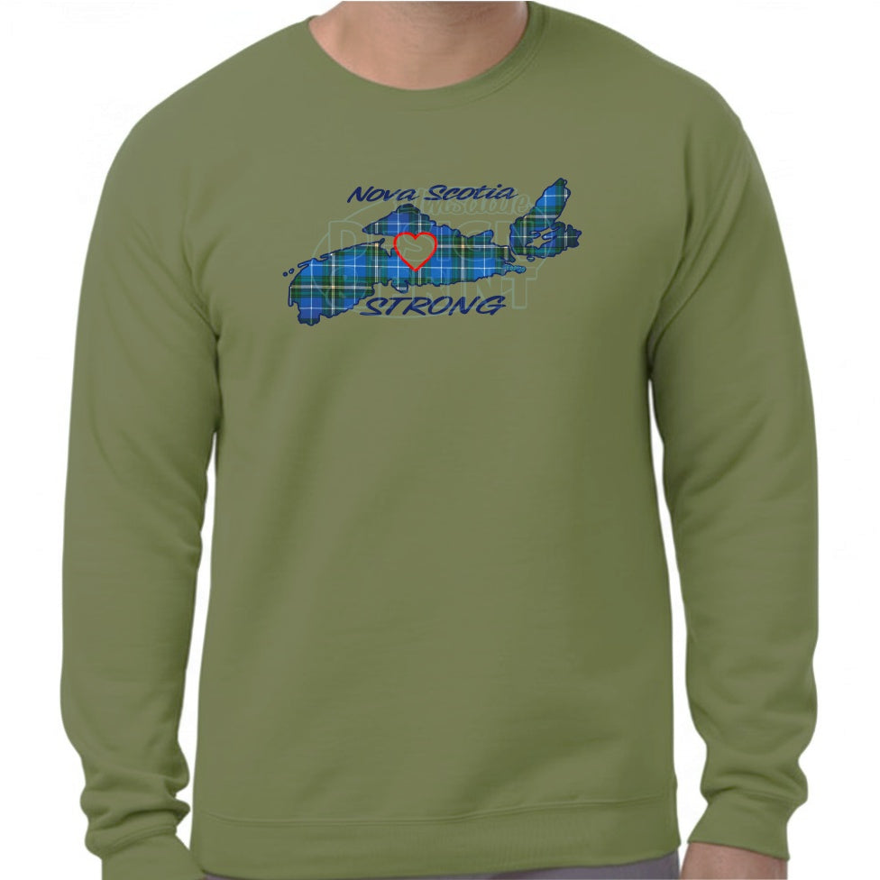 Super soft 12.5oz green sweatshirt with The province of Nova Scotia in Blue Tartan with Nova Scotia Strong in white & navy