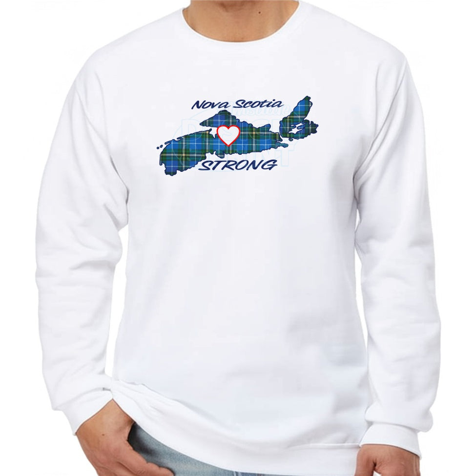 Super soft 12.5oz white sweatshirt with The province of Nova Scotia in Blue Tartan with Nova Scotia Strong in white & navy