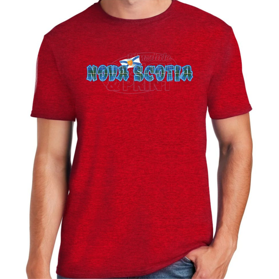 Soft ringspun cotton red t-shirt with Nova Scotia written in Blue Tartan with blue outlines & a Nova Scotia provincial flag