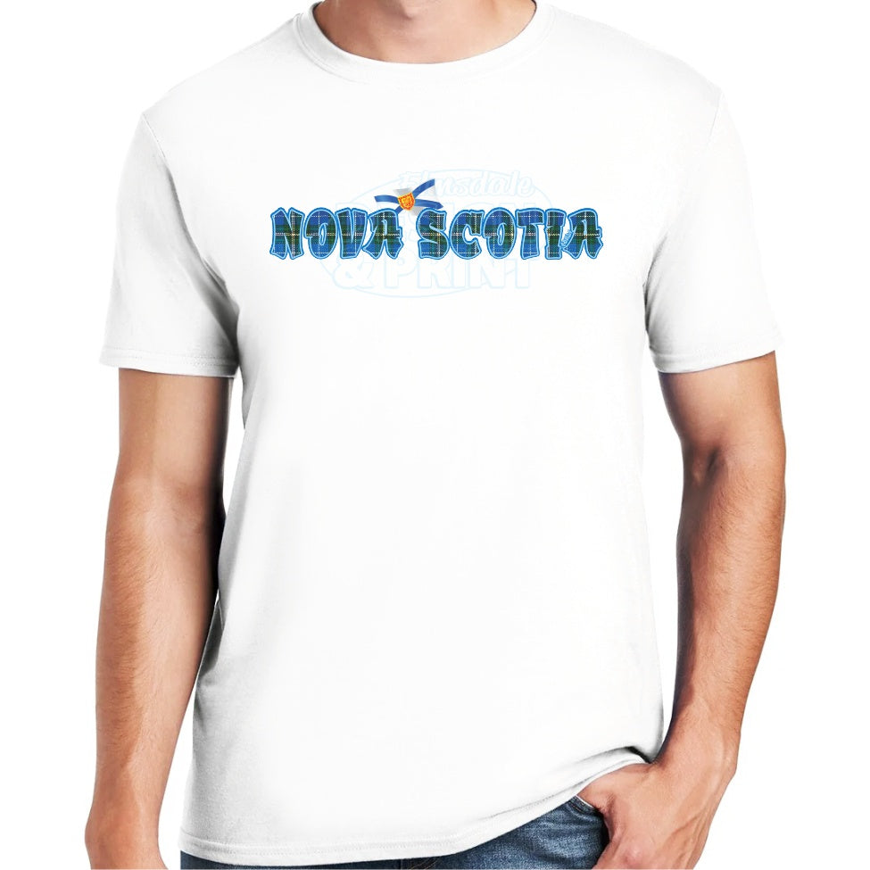 Soft ringspun cotton white t-shirt with Nova Scotia written in Blue Tartan with blue outlines & a Nova Scotia provincial flag