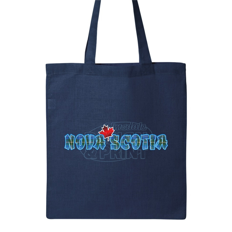 15x16" solid navy canvas tote bag with Nova Scotia written in Blue Tartan with a bright red Maple Leaf & bright blue outlines