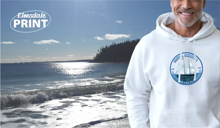 White hooded sweatshirt with a blue circular graphic featuring a sailboat and text around the edge.