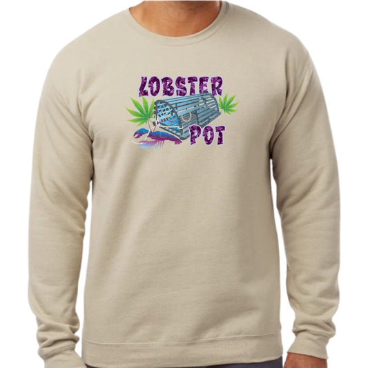 Super soft 12.5oz sand sweatshirt with Colorful blue gray Lobster Pot, bright green weed leaves & purple blue lobster design