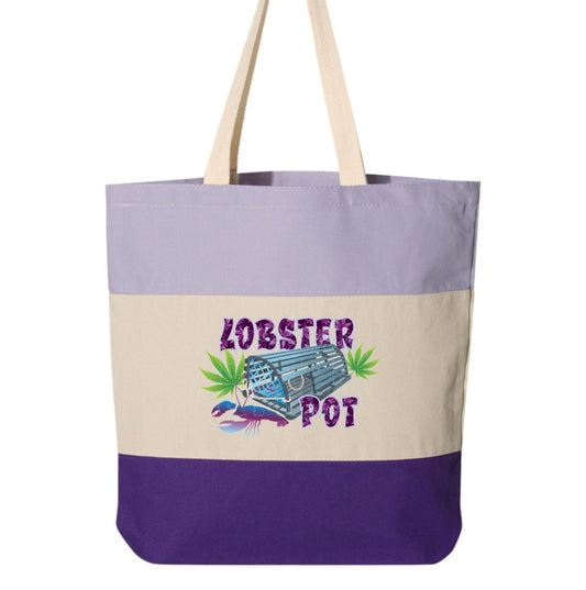 15x16" tri-color canvas tote bag with Colorful blue gray Lobster Pot, bright green weed leaves & purple blue lobster design