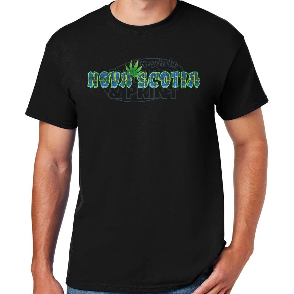 Soft ringspun cotton black t-shirt with Nova Scotia made of Blue Tartan with a bright green weed leaf & bright green outlines