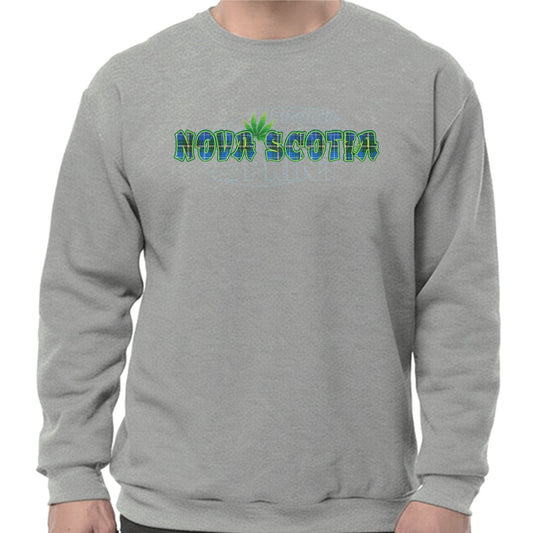 Super soft 12.5oz grey sweatshirt with Nova Scotia made of Blue Tartan with a bright green weed leaf & bright green outlines