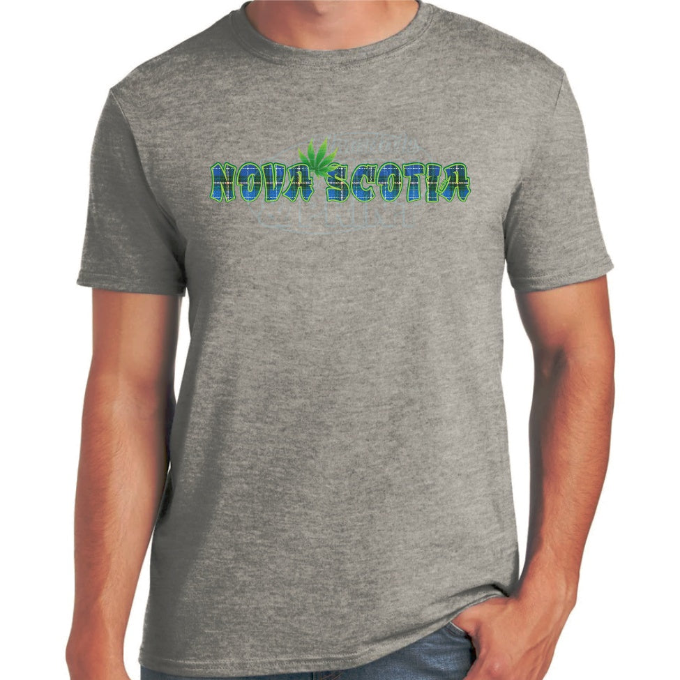 Soft ringspun cotton grey t-shirt with Nova Scotia made of Blue Tartan with a bright green weed leaf & bright green outlines