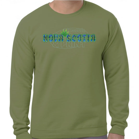 Super soft 12.5oz green sweatshirt with Nova Scotia made of Blue Tartan with a bright green weed leaf & bright green outlines