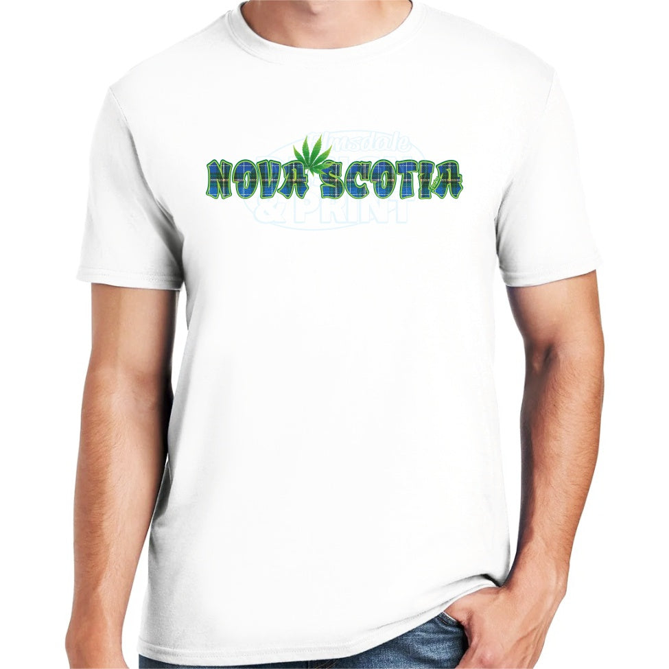 Soft ringspun cotton white t-shirt with Nova Scotia made of Blue Tartan with a bright green weed leaf & bright green outlines