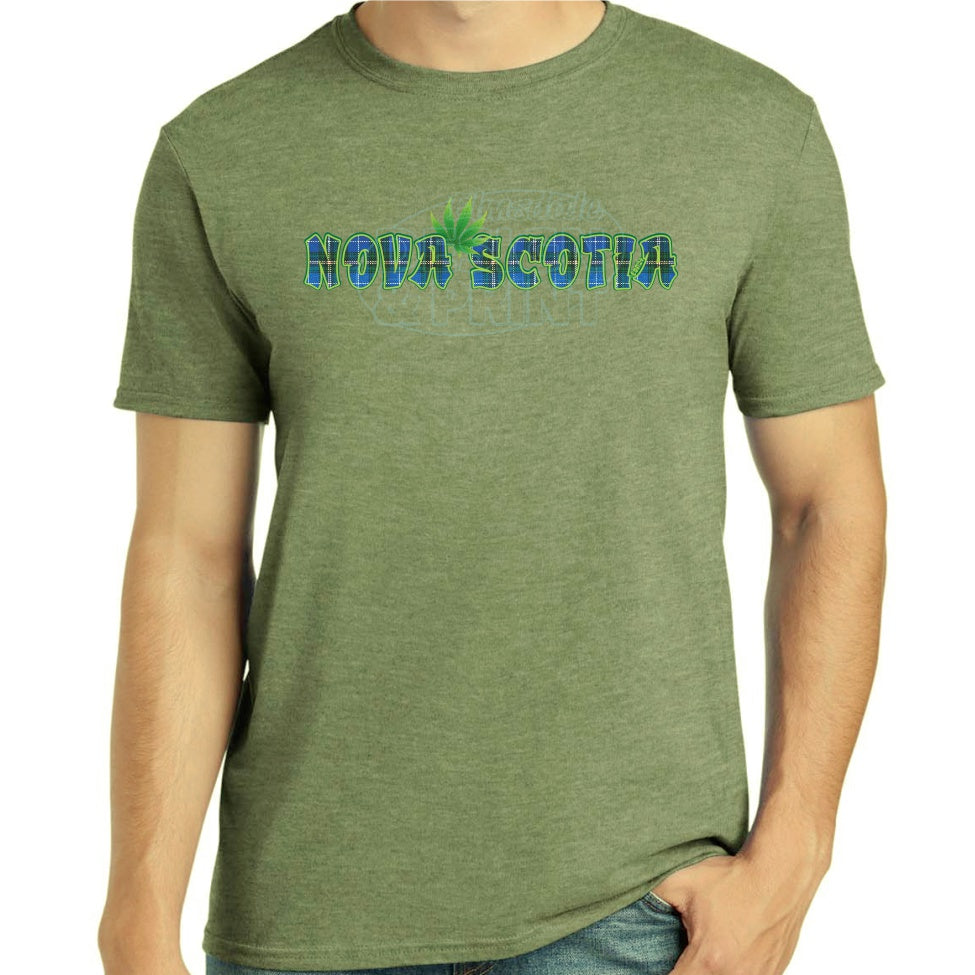 Soft ringspun cotton green t-shirt with Nova Scotia made of Blue Tartan with a bright green weed leaf & bright green outlines