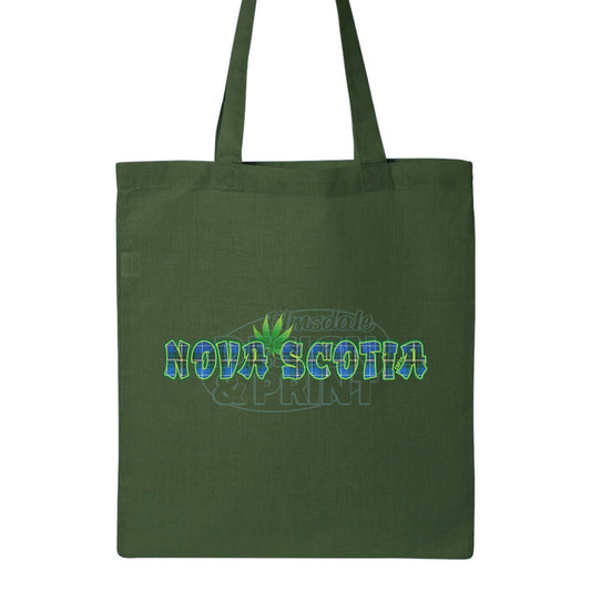 15x16" solid green canvas tote bag with Nova Scotia made of Blue Tartan with a bright green weed leaf & bright green outlines