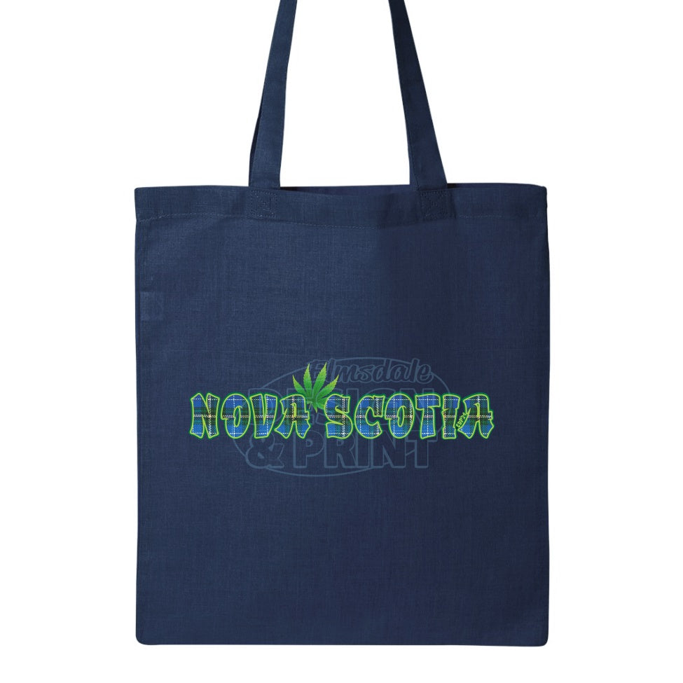 15x16" solid navy canvas tote bag with Nova Scotia made of Blue Tartan with a bright green weed leaf & bright green outlines