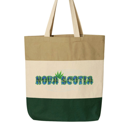 15x16" tri-color canvas tote bag with Nova Scotia made of Blue Tartan with a bright green weed leaf & bright green outlines