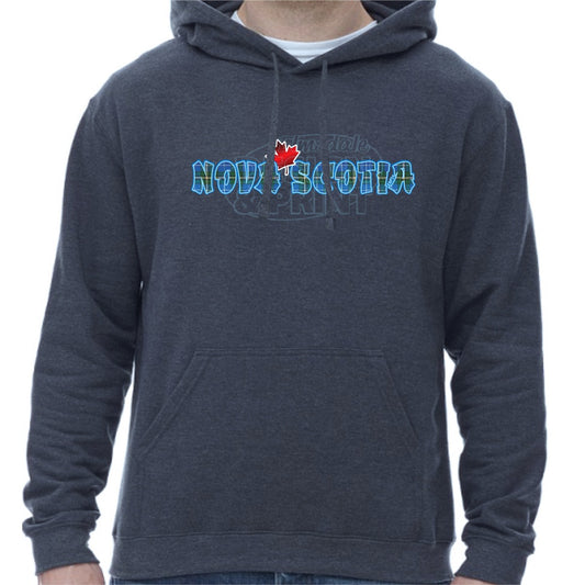 Super soft 12.5oz navy hoodie with Nova Scotia written in Blue Tartan with a bright red Maple Leaf & bright blue outlines