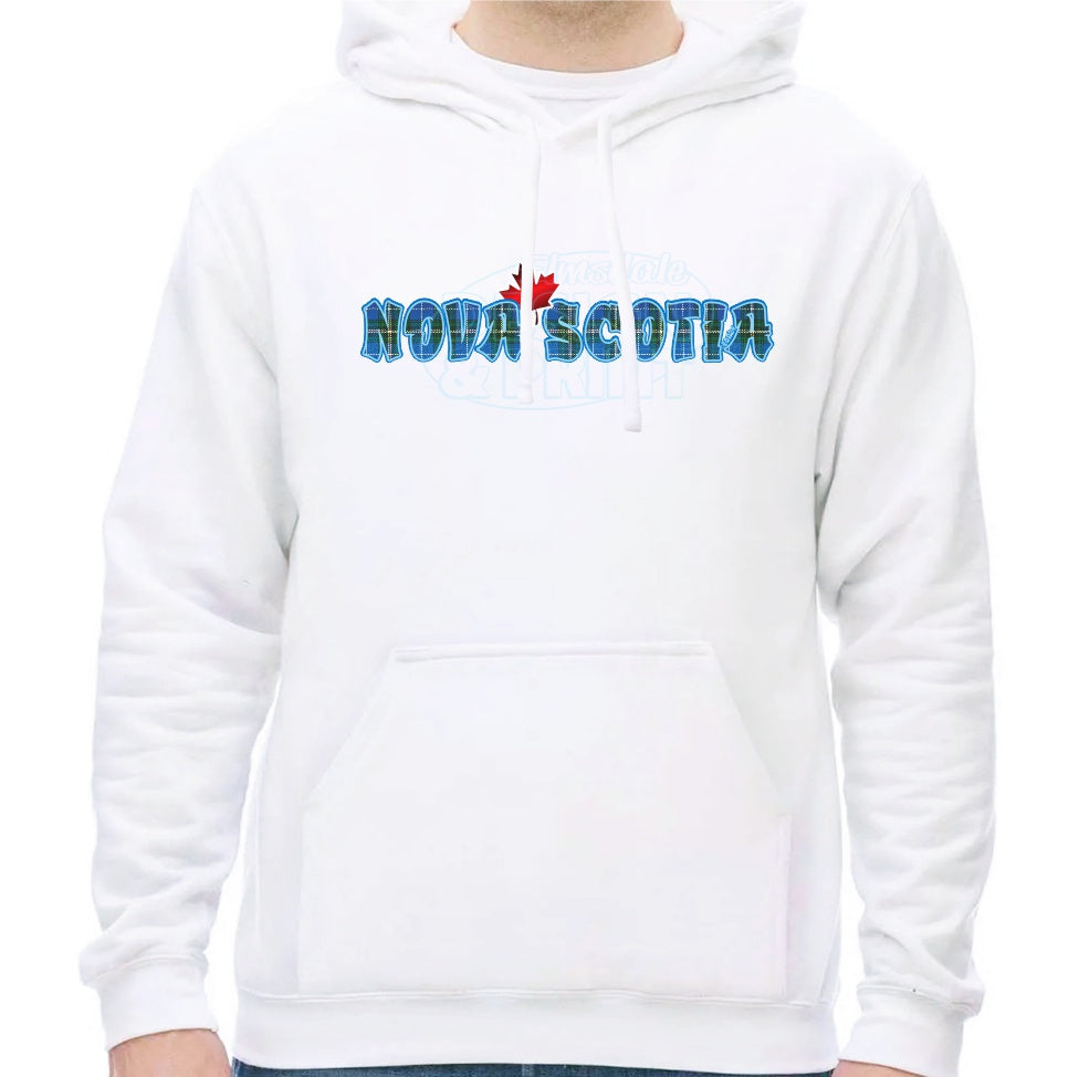Super soft 12.5oz white hoodie with Nova Scotia written in Blue Tartan with a bright red Maple Leaf & bright blue outlines