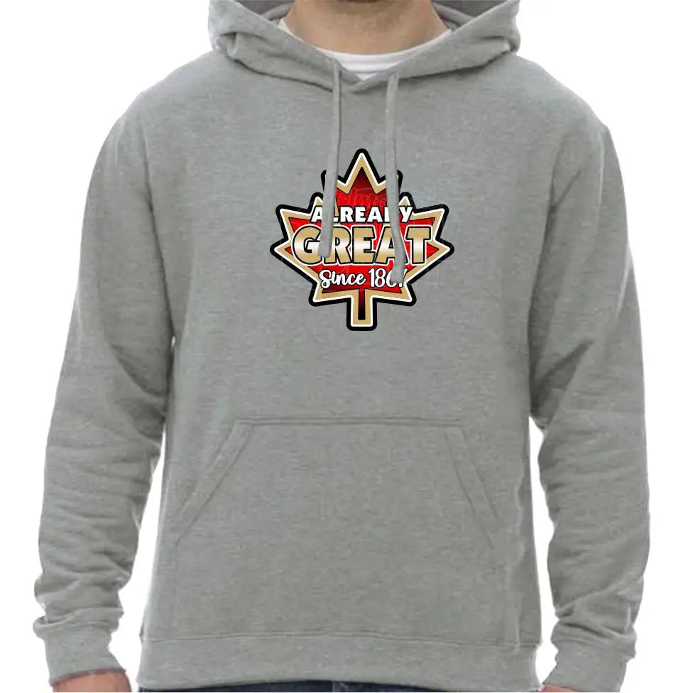 Super soft 12.5oz grey hoodie with A bright red vintage Maple Leaf with gold & black edges & Already Great since 1867