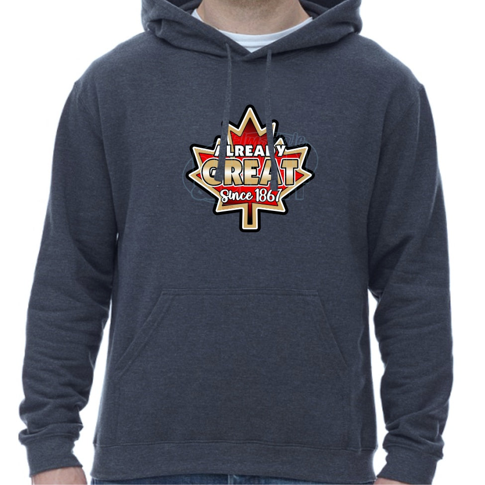 Super soft 12.5oz navy hoodie with A bright red vintage Maple Leaf with gold & black edges & Already Great since 1867
