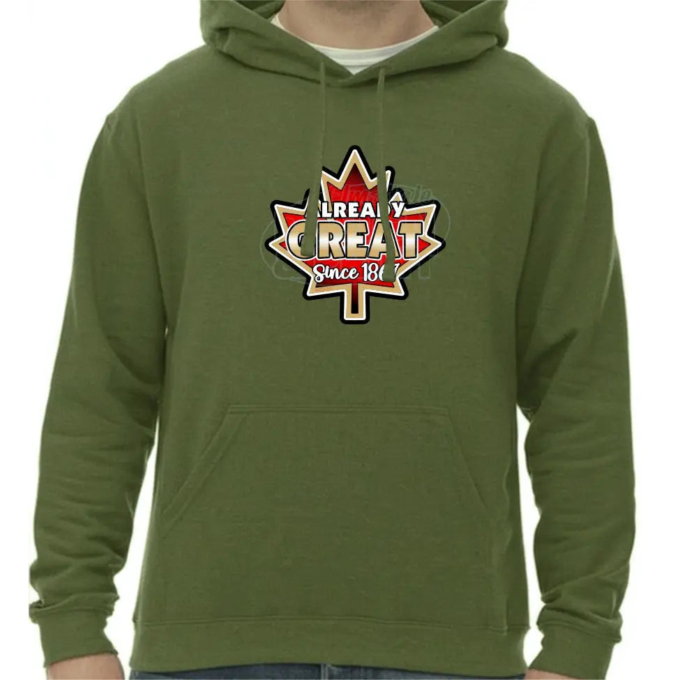 Super soft 12.5oz green hoodie with A bright red vintage Maple Leaf with gold & black edges & Already Great since 1867