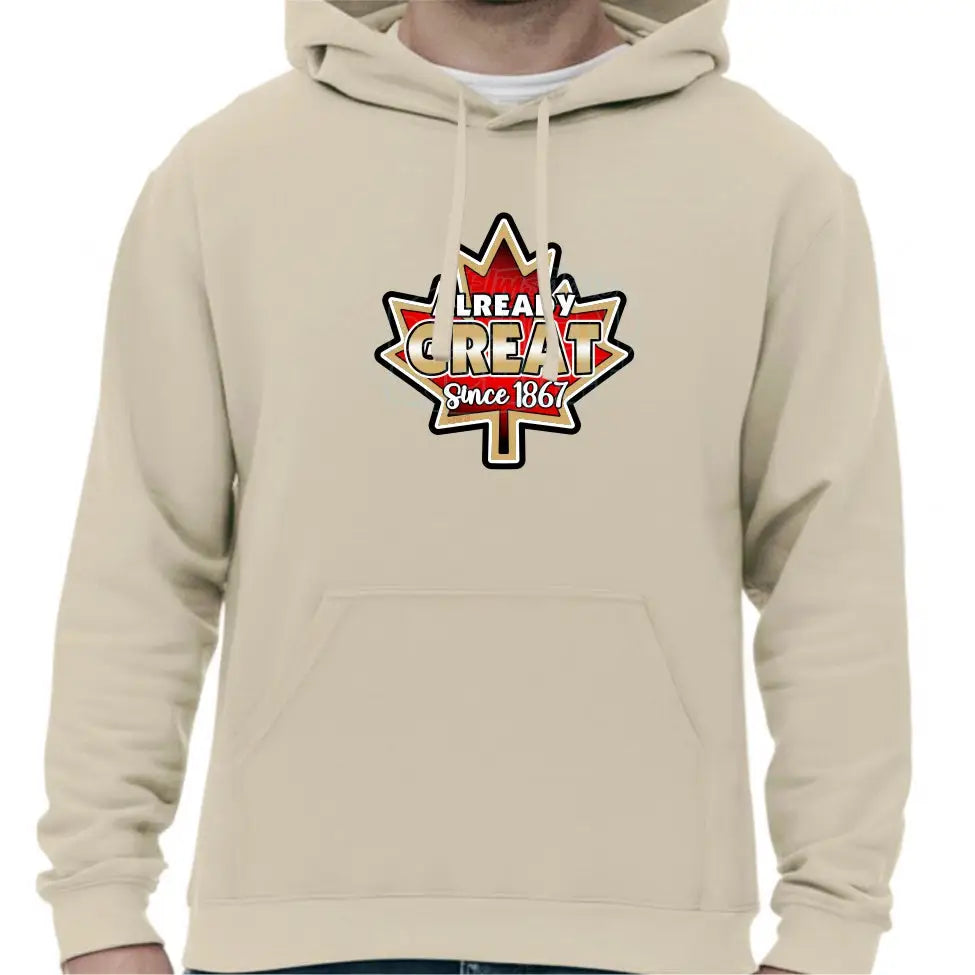 Super soft 12.5oz sand hoodie with A bright red vintage Maple Leaf with gold & black edges & Already Great since 1867