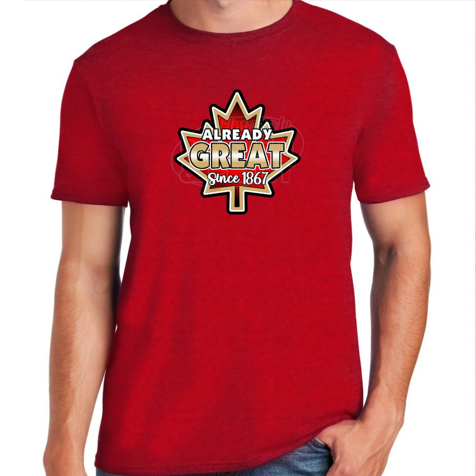 Soft ringspun cotton red t-shirt with A bright red vintage Maple Leaf with gold & black edges & Already Great since 1867